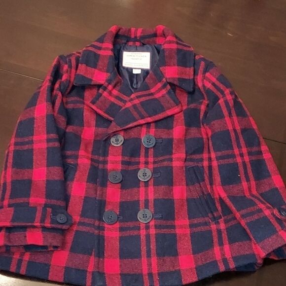Janie and Jack Red Navy Plaid Peacoat Sz 3 - 4 - Picture 3 of 6